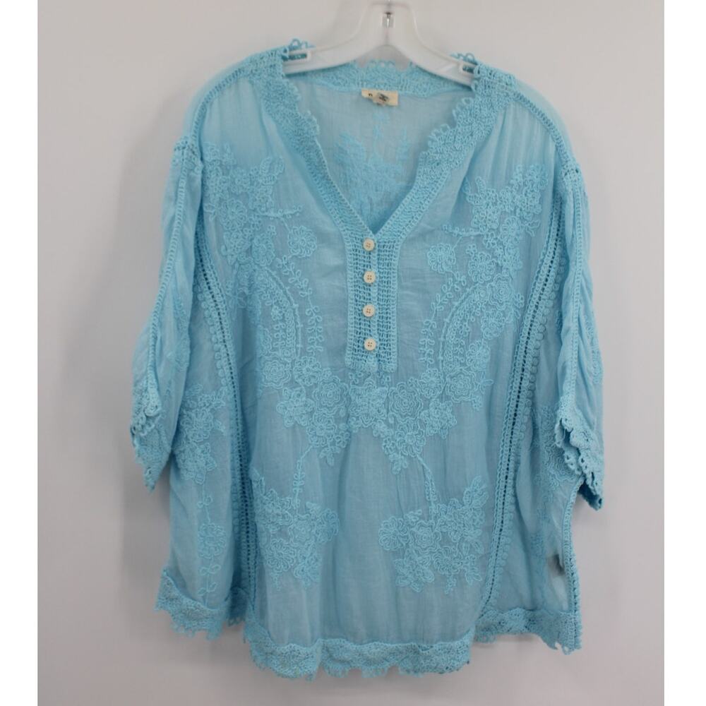 POL Bohemian Blouse Top One Size Blue Embroidered